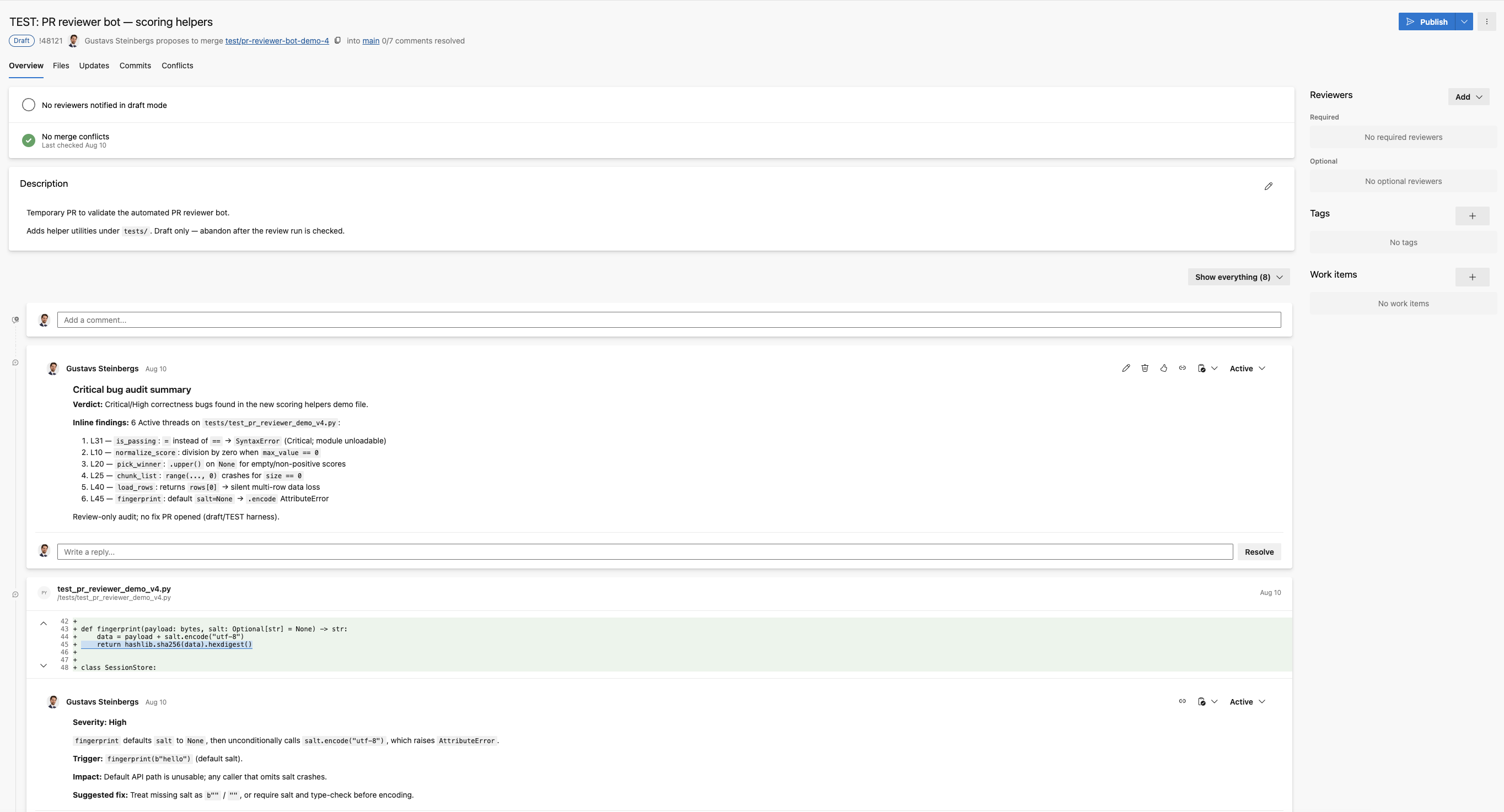 Agent's critical bug audit summary and inline findings on a test PR