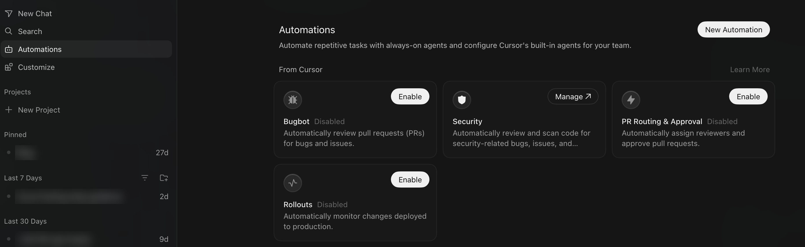 Cursor Automations page
