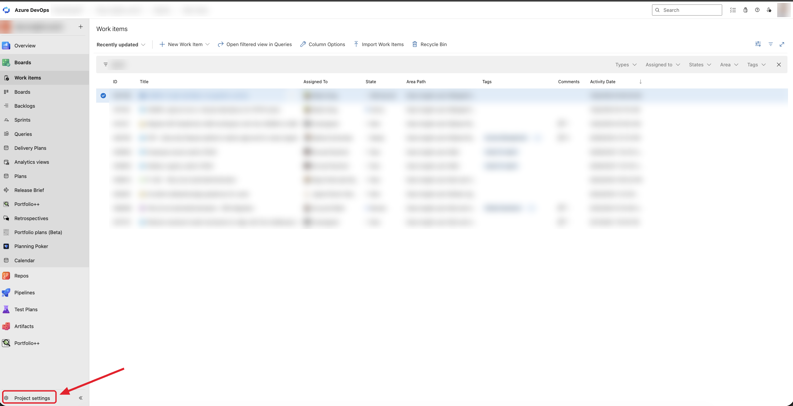 Azure DevOps Project settings navigation
