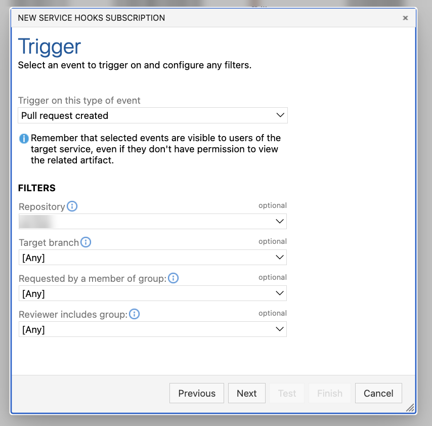 Azure DevOps service hook trigger dialog